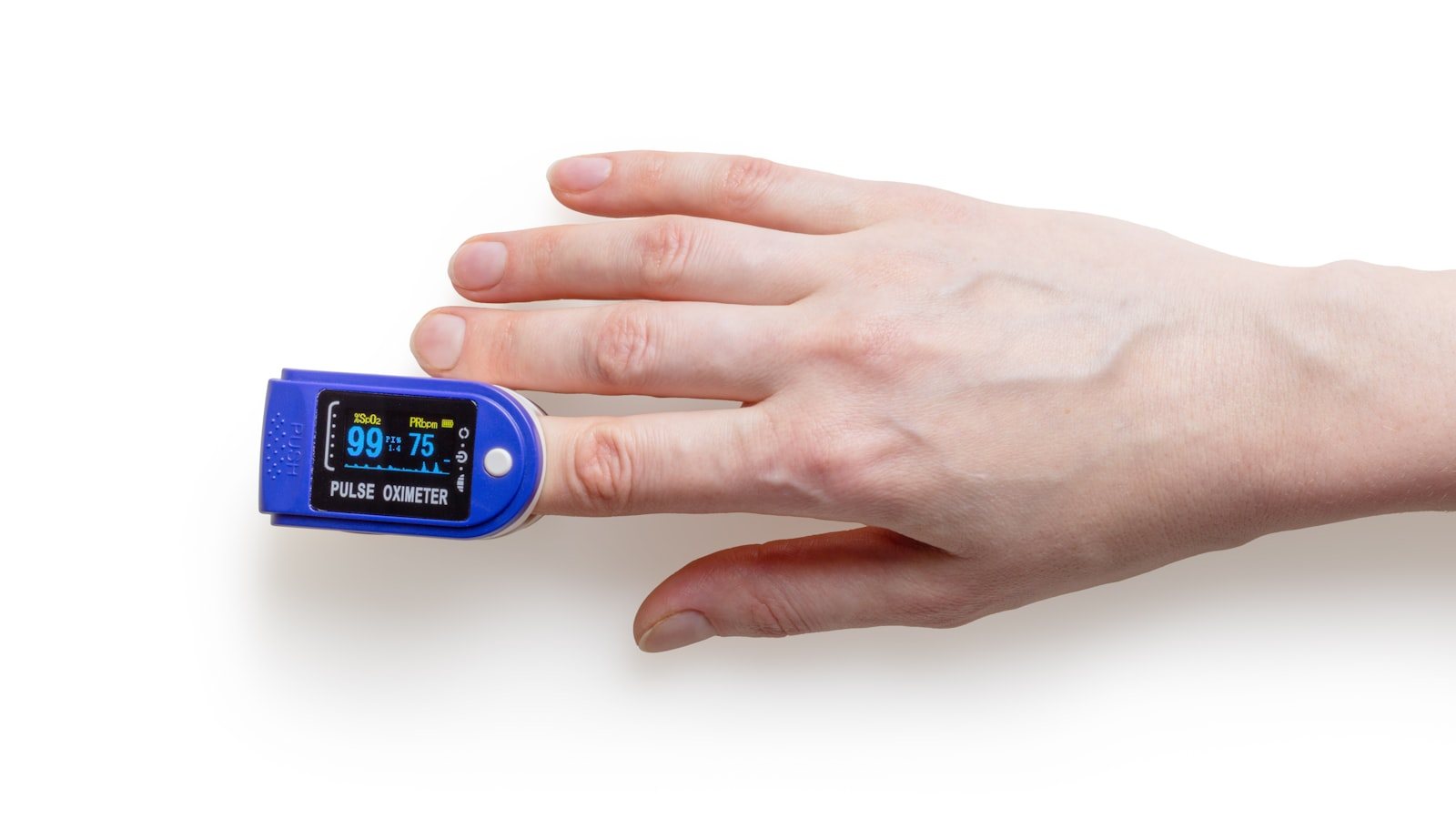 A pulse oximeter on a fingertip