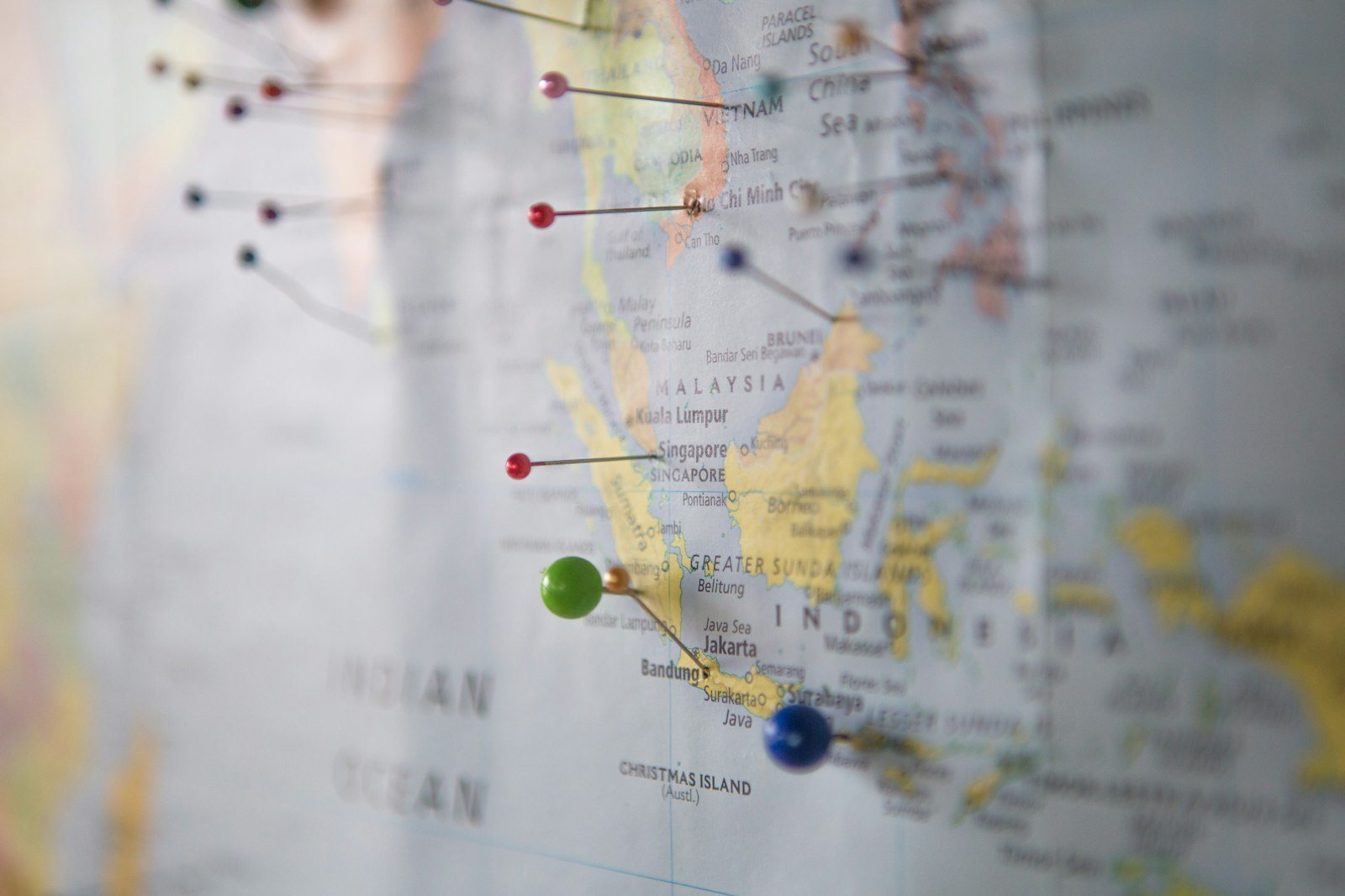 A map with pins marking travel destinations