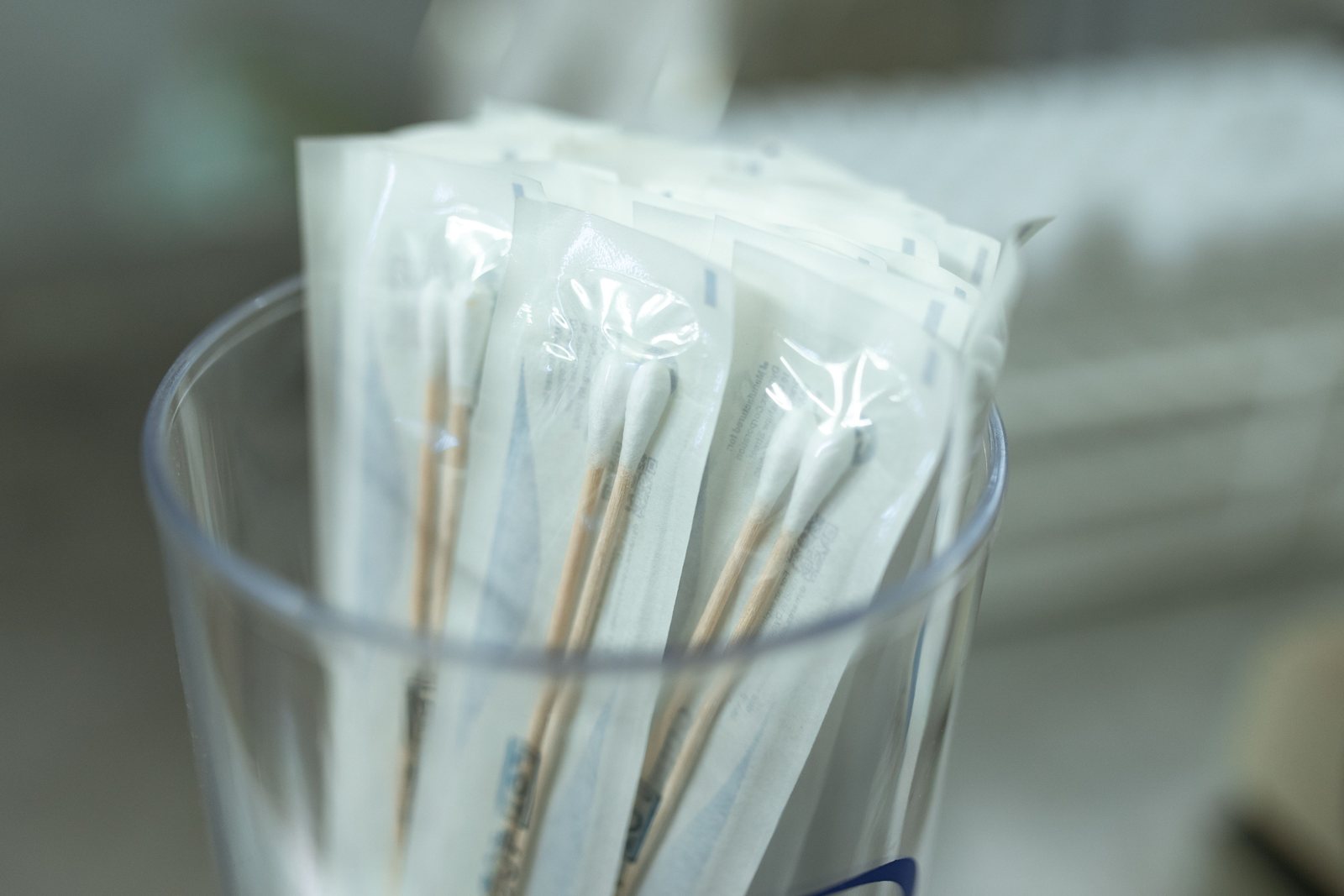 Individually packaged sterile swabs in a holder